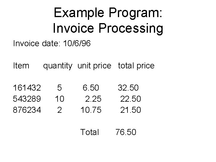 Example Program: Invoice Processing Invoice date: 10/6/96 Item 161432 543289 876234 quantity unit price