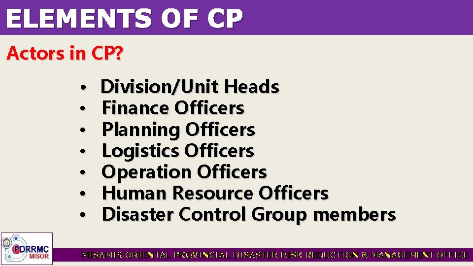 ELEMENTS OF CP Actors in CP? • • Division/Unit Heads Finance Officers Planning Officers