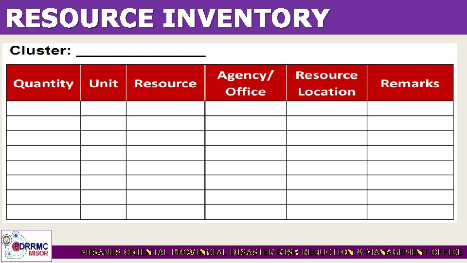 RESOURCE INVENTORY MISAMIS ORIENTAL PROVINCIAL DISASTER RISK REDUCTION & MANAGEMENT OFFICE 