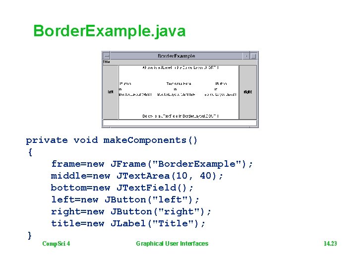 Border. Example. java private void make. Components() { frame=new JFrame("Border. Example"); middle=new JText. Area(10,