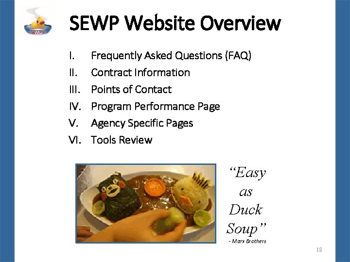 SEWP Website Overview I. III. IV. V. VI. Frequently Asked Questions (FAQ) Contract Information