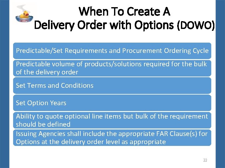 When To Create A Delivery Order with Options (DOWO) Predictable/Set Requirements and Procurement Ordering