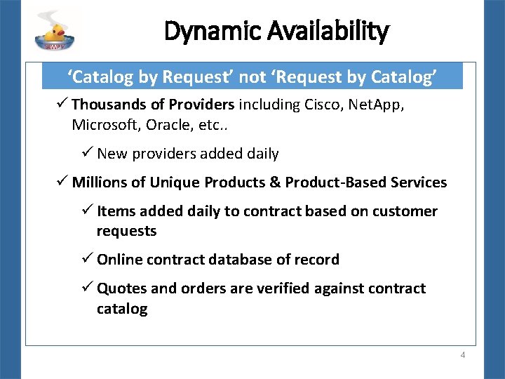 Dynamic Availability ‘Catalog by Request’ not ‘Request by Catalog’ ü Thousands of Providers including