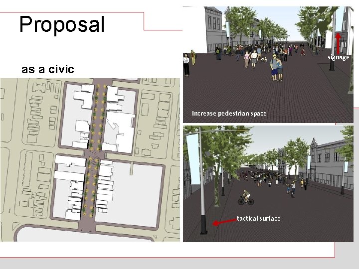 Proposal signage as a civic space Increase pedestrian space v tactical surface 