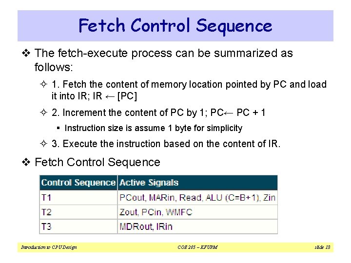 Fetch Control Sequence v The fetch-execute process can be summarized as follows: ² 1.