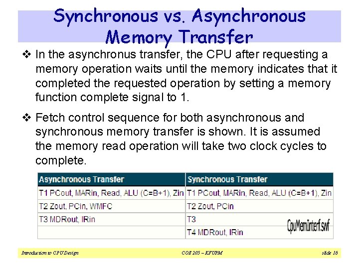 Synchronous vs. Asynchronous Memory Transfer v In the asynchronus transfer, the CPU after requesting