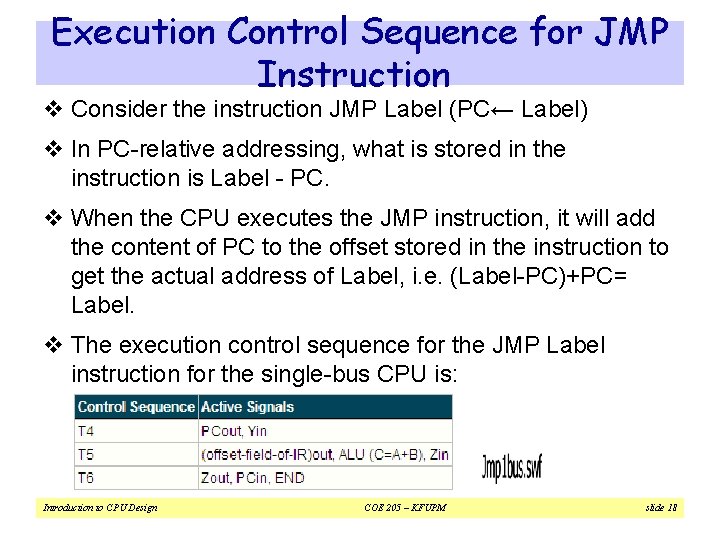 Execution Control Sequence for JMP Instruction v Consider the instruction JMP Label (PC← Label)