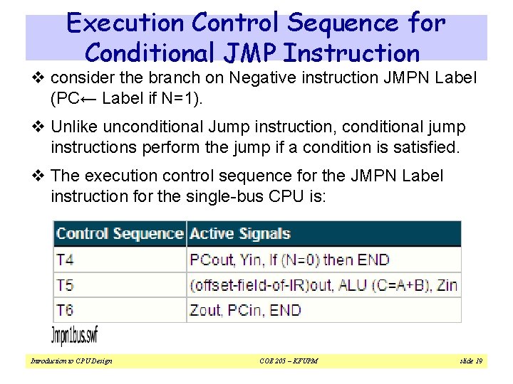 Execution Control Sequence for Conditional JMP Instruction v consider the branch on Negative instruction