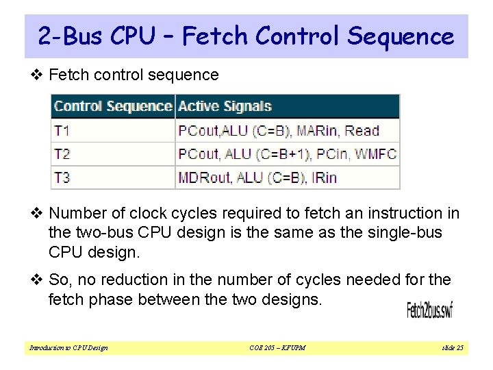 2 -Bus CPU – Fetch Control Sequence v Fetch control sequence v Number of