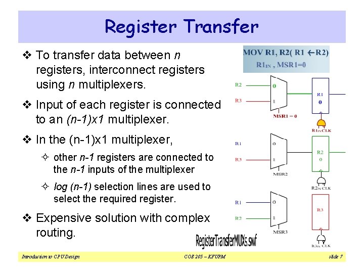 Register Transfer v To transfer data between n registers, interconnect registers using n multiplexers.