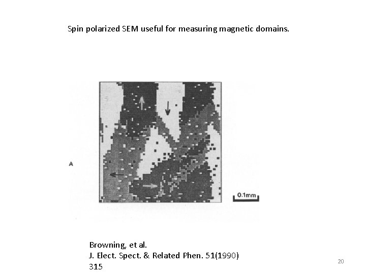 Spin polarized SEM useful for measuring magnetic domains. Browning, et al. J. Elect. Spect.