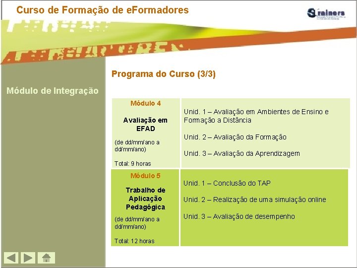 Curso de Formação de e. Formadores Programa do Curso (3/3) Módulo de Integração Módulo