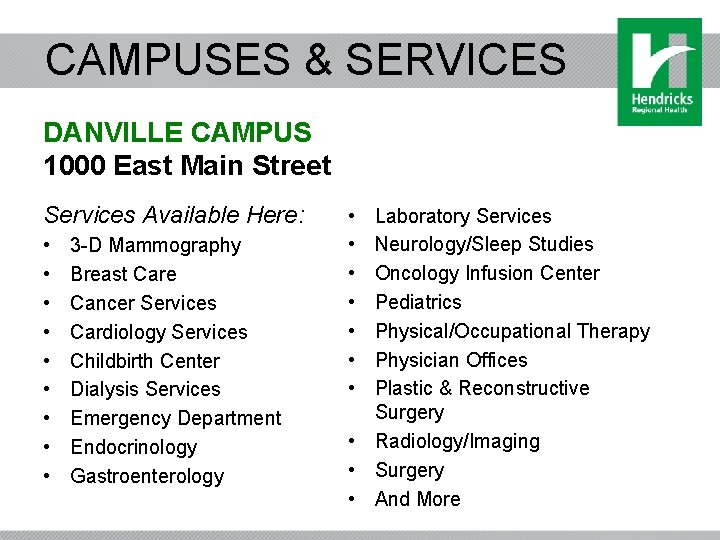 CAMPUSES & SERVICES DANVILLE CAMPUS 1000 East Main Street Services Available Here: • •