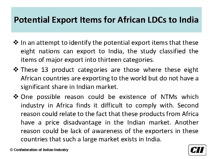 Potential Export Items for African LDCs to India v In an attempt to identify
