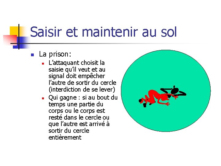 Saisir et maintenir au sol n La prison: n n L’attaquant choisit la saisie