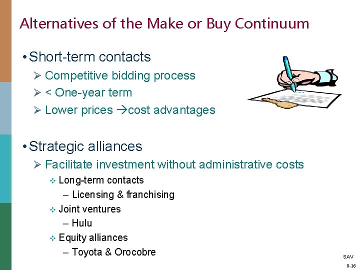 Alternatives of the Make or Buy Continuum • Short-term contacts Ø Competitive bidding process