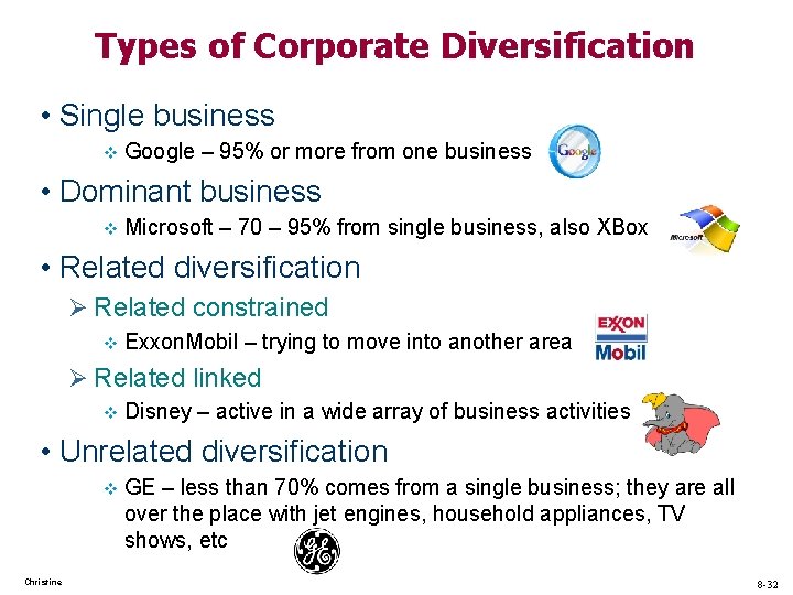 Types of Corporate Diversification • Single business v Google – 95% or more from