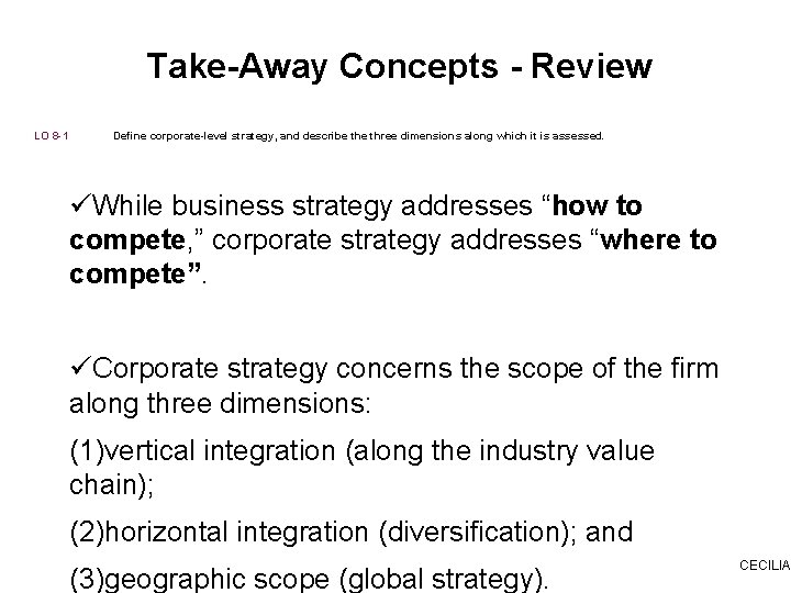 Take-Away Concepts - Review LO 8 -1 Define corporate-level strategy, and describe three dimensions