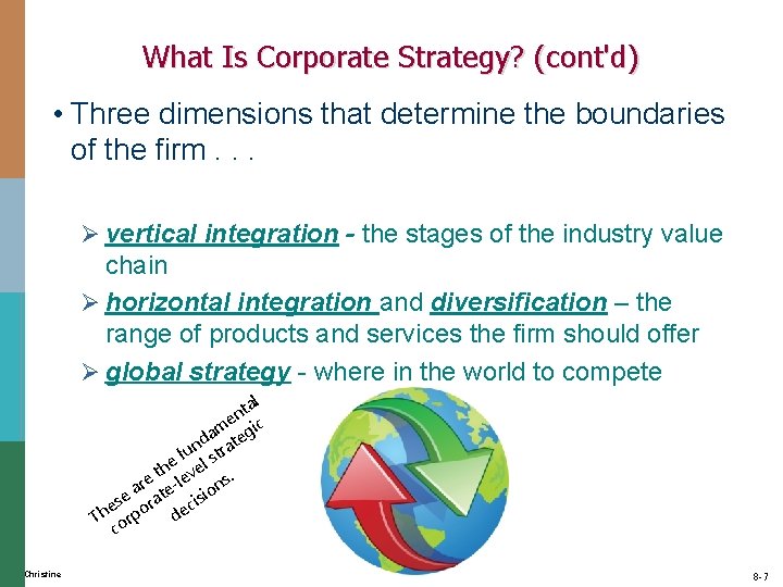 What Is Corporate Strategy? (cont'd) • Three dimensions that determine the boundaries of the