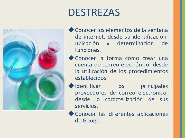 DESTREZAS u Conocer los elementos de la ventana de internet, desde su identificación, ubicación