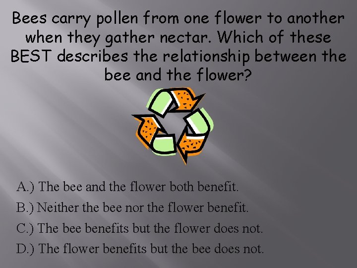 Bees carry pollen from one flower to another when they gather nectar. Which of