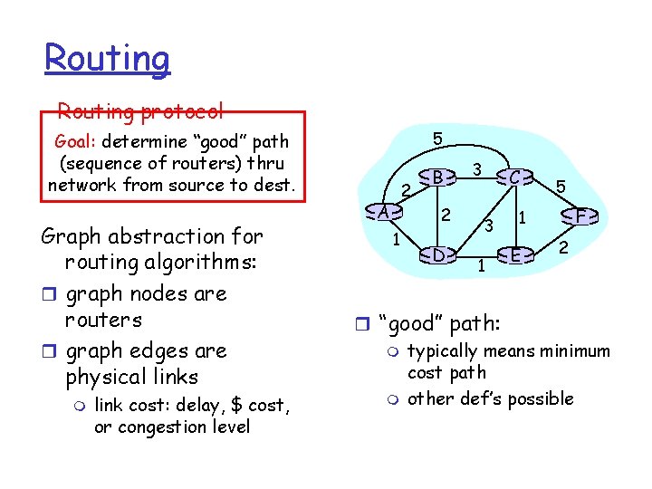 Routing protocol 5 Goal: determine “good” path (sequence of routers) thru network from source