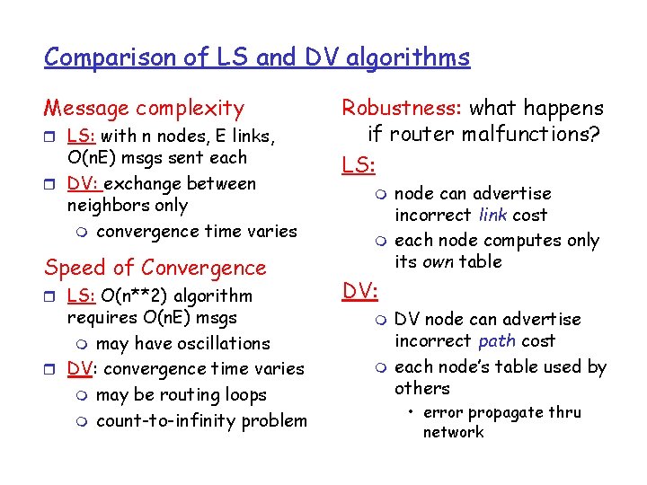 Comparison of LS and DV algorithms Message complexity r LS: with n nodes, E