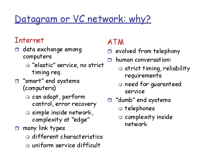 Datagram or VC network: why? Internet r data exchange among ATM r evolved from