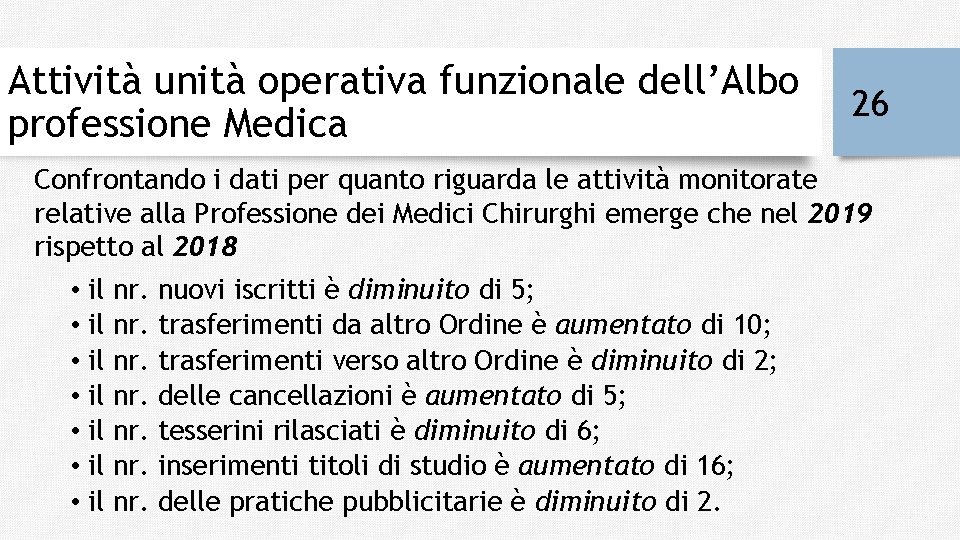 Attività unità operativa funzionale dell’Albo professione Medica 26 Confrontando i dati per quanto riguarda