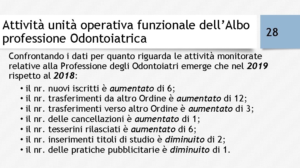 Attività unità operativa funzionale dell’Albo professione Odontoiatrica 28 Confrontando i dati per quanto riguarda