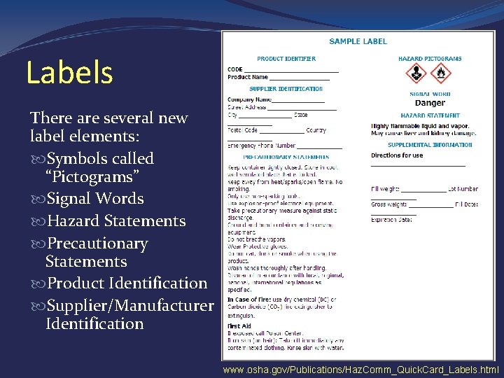 Labels There are several new label elements: Symbols called “Pictograms” Signal Words Hazard Statements