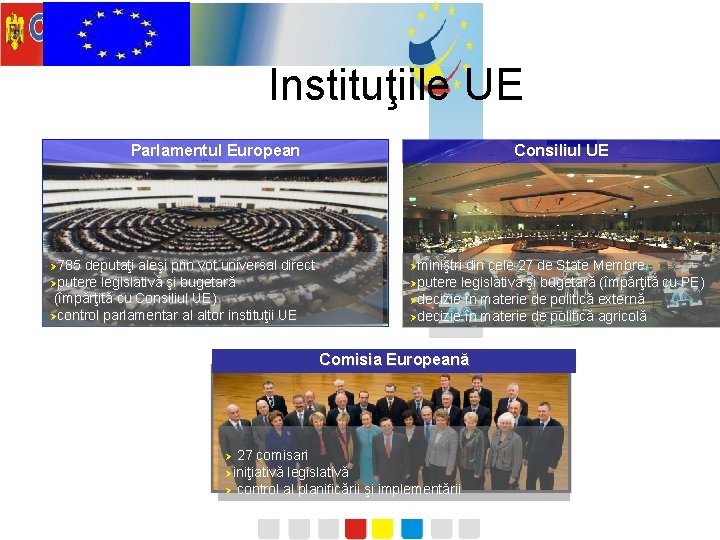 Instituţiile UE Consiliul UE Parlamentul European Ø 785 deputaţi aleşi prin vot universal direct