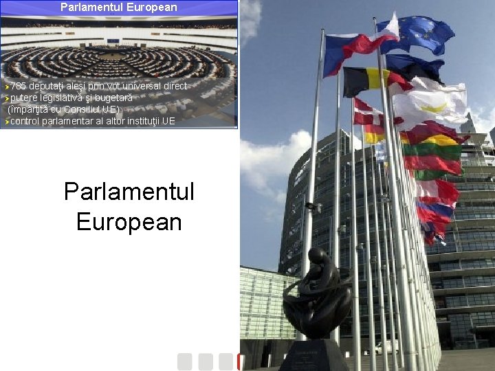 Parlamentul European Ø 785 deputaţi aleşi prin vot universal direct Øputere legislativă şi bugetară