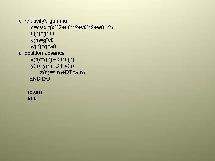 c relativity's gamma g=c/sqrt(c**2+u 0**2+v 0**2+w 0**2) u(n)=g*u 0 v(n)=g*v 0 w(n)=g*w 0 c