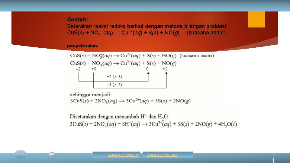 Contoh: Setarakan reaksi redoks berikut dengan metode bilangan oksidasi: Cu. S(s) + NO 3