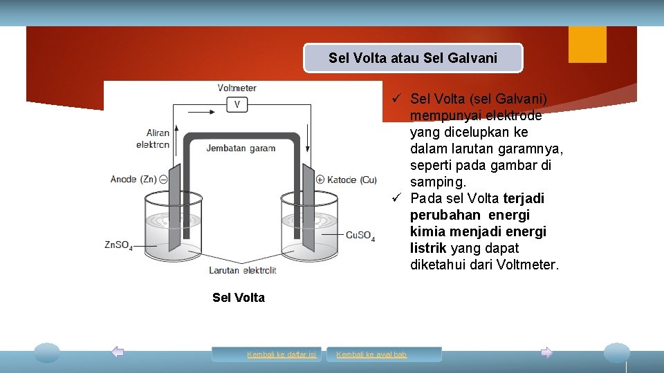 Sel Volta atau Sel Galvani ü Sel Volta (sel Galvani) mempunyai elektrode yang dicelupkan