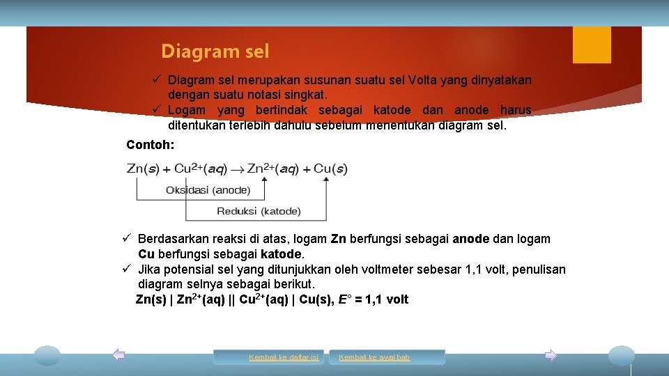 Diagram sel ü Diagram sel merupakan susunan suatu sel Volta yang dinyatakan dengan suatu