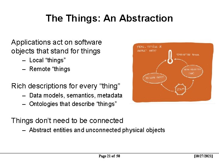 The Things: An Abstraction Applications act on software objects that stand for things –