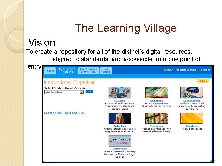 The Learning Village Vision To create a repository for all of the district’s digital