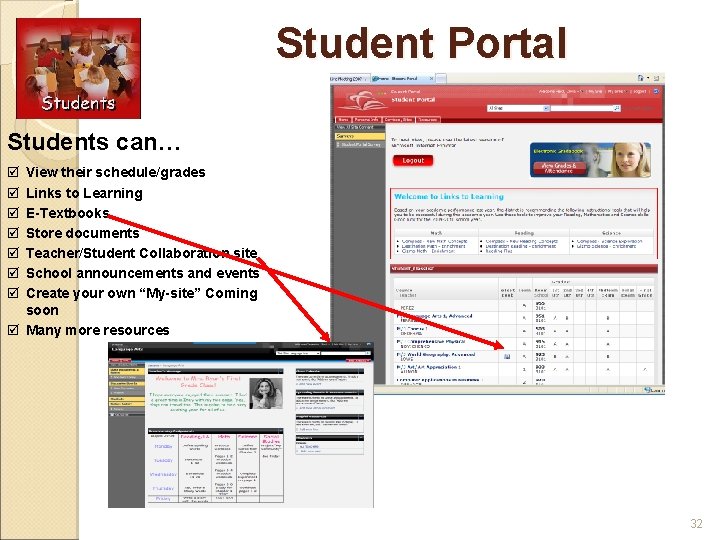 Student Portal Students can… þ þ þ þ View their schedule/grades Links to Learning