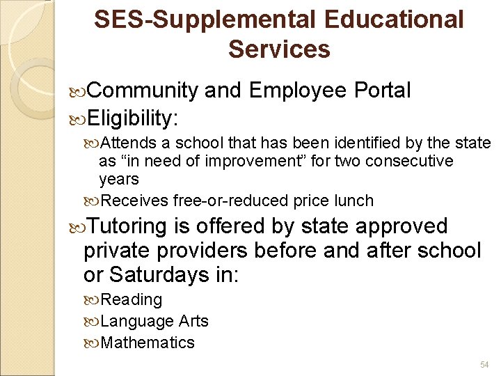 SES-Supplemental Educational Services Community and Employee Portal Eligibility: Attends a school that has been