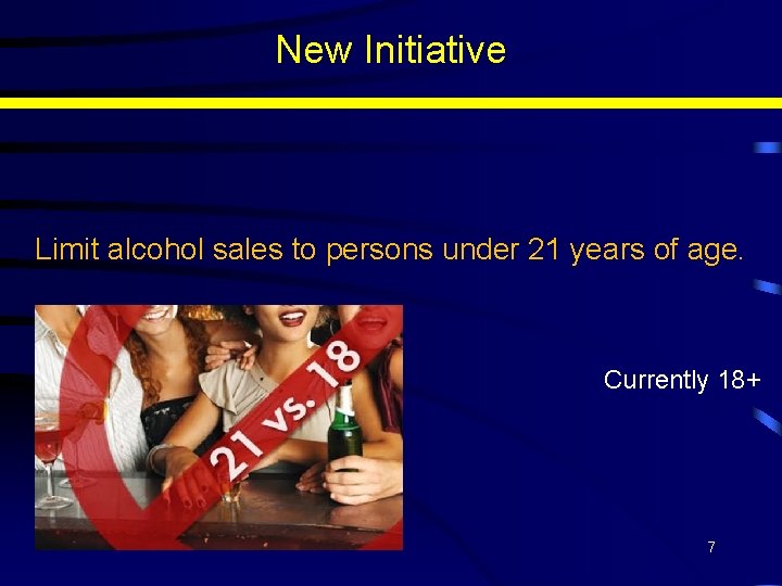 New Initiative Limit alcohol sales to persons under 21 years of age. Currently 18+