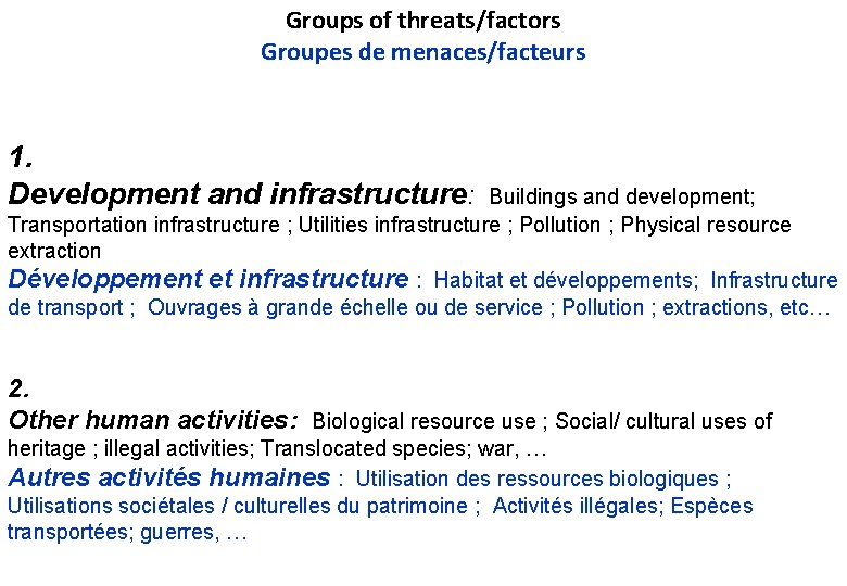 Groups of threats/factors Groupes de menaces/facteurs 1. Development and infrastructure: Buildings and development; Transportation