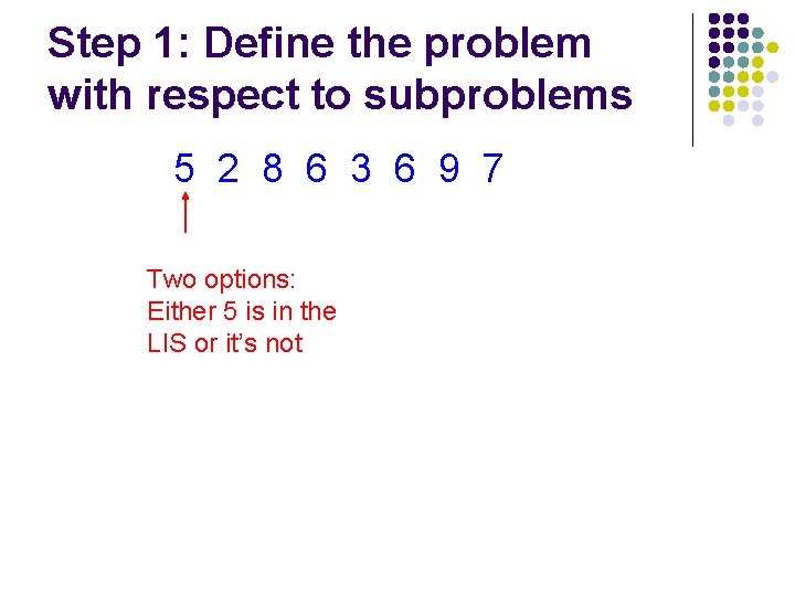 Step 1: Define the problem with respect to subproblems 5 2 8 6 3