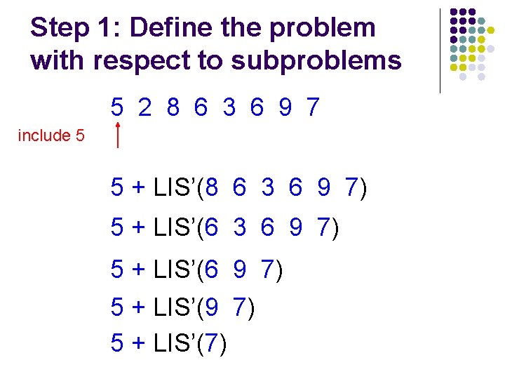 Step 1: Define the problem with respect to subproblems 5 2 8 6 3