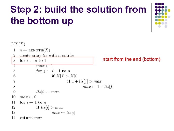 Step 2: build the solution from the bottom up start from the end (bottom)