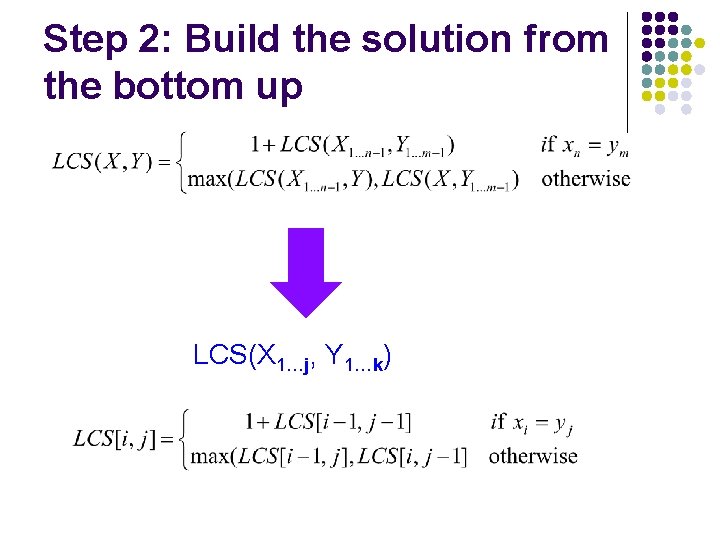 Step 2: Build the solution from the bottom up LCS(X 1…j, Y 1…k) 