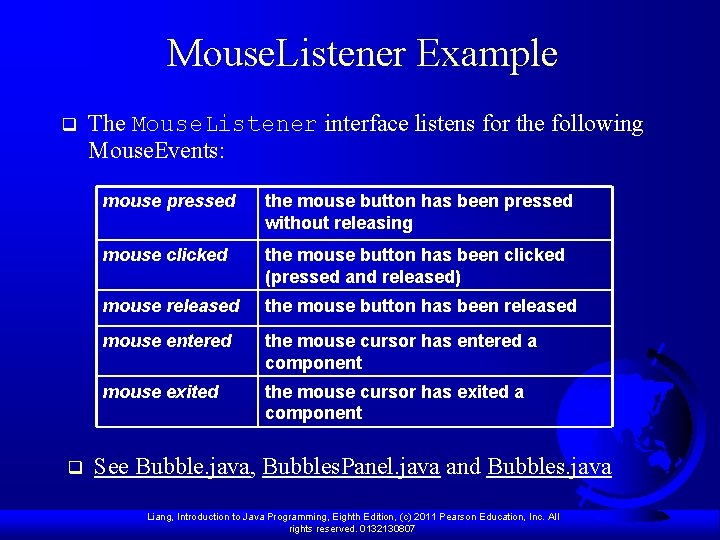 Mouse. Listener Example q q The Mouse. Listener interface listens for the following Mouse. Mouse. Listener Example q q The Mouse. Listener interface listens for the following Mouse.