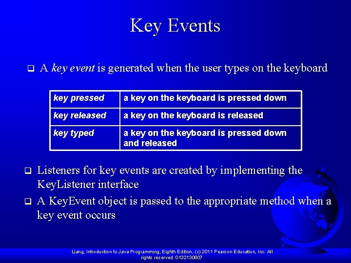 Key Events q q q A key event is generated when the user types Key Events q q q A key event is generated when the user types