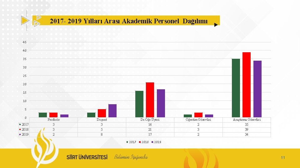 2017 - 2019 Yılları Arası Akademik Personel Dağılımı 45 40 35 30 25 20